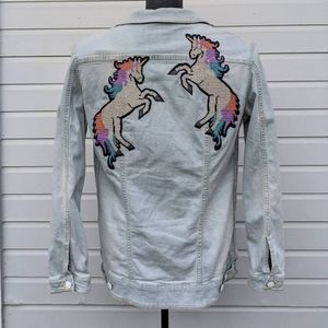 LuLaRoe Jaxon Denim Unicorn Embroidery Jacket Large